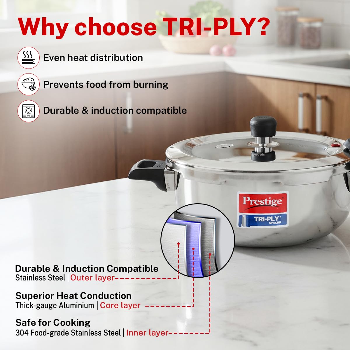 Prestige 3.5 Litre Triply Svachh Outerlid Pressure Cooker|Deep lid for spillage control|Gas & Induction Compatible|Triply body for even heating|Gasket Release System|5 Years warranty|ISI certified