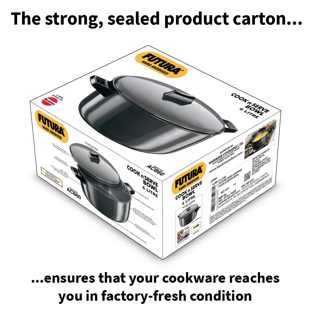 Hawkins Futura 6 Litre Cook n Serve Bowl, Hard Anodised Saucepan with Hard Anodised Lid, Sauce Pan for Cooking and Serving, Black (ACB60)