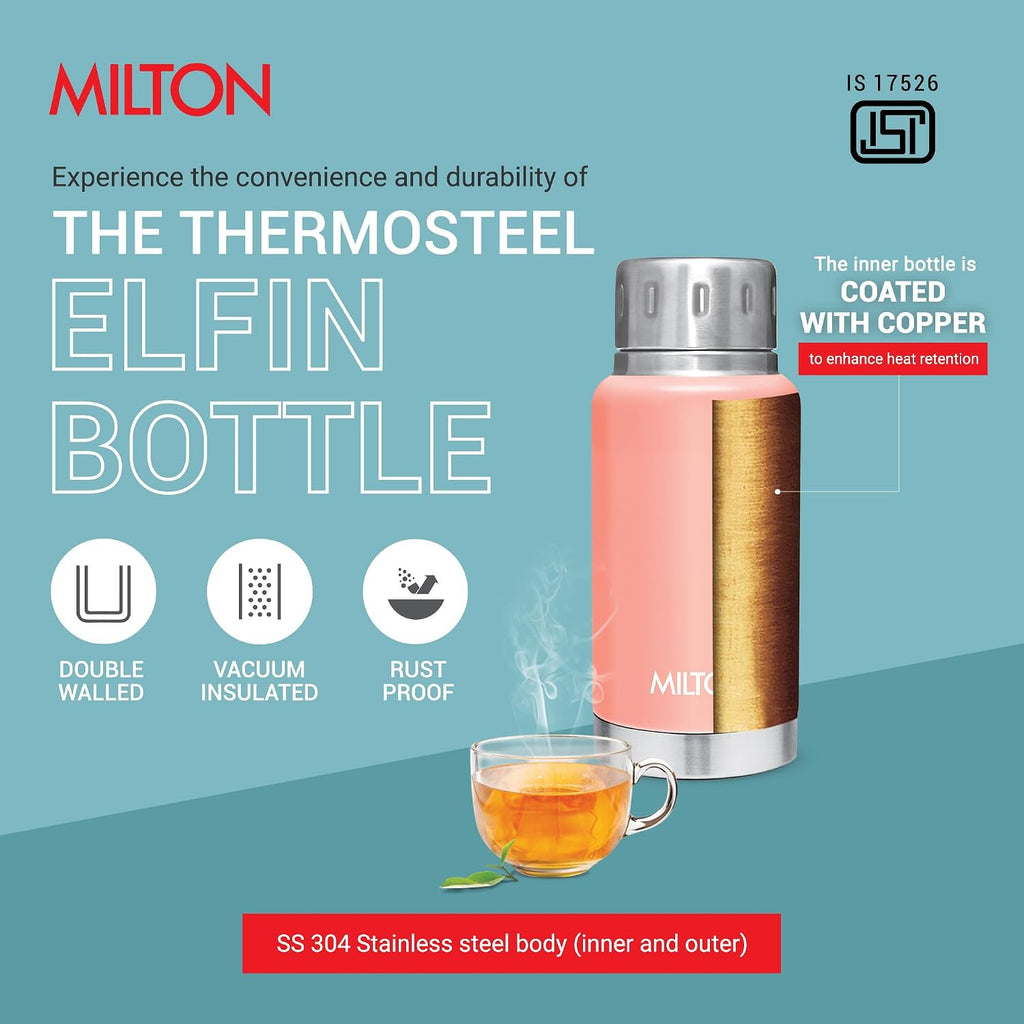 Milton Elfin 160 Thermosteel Water Bottle 160 ml, 24 Hr Hot and Cold I Leak Proof Lid, ISI Certified I Vacuum Insulated I for Office, Gym, School I Peach