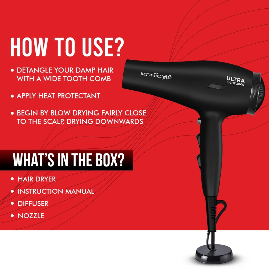 Ikonic Me Ultralight Professional Hair Dryer 2000 Watts With Nozzle, Diffuser, Hot And Cold Air Feauture, 2 Speed 3 Heat Settings With Cool Shot, Hanging Loop, For Both Men And Women, Suitable For All Hair Types, 1 Yr Warranty Black