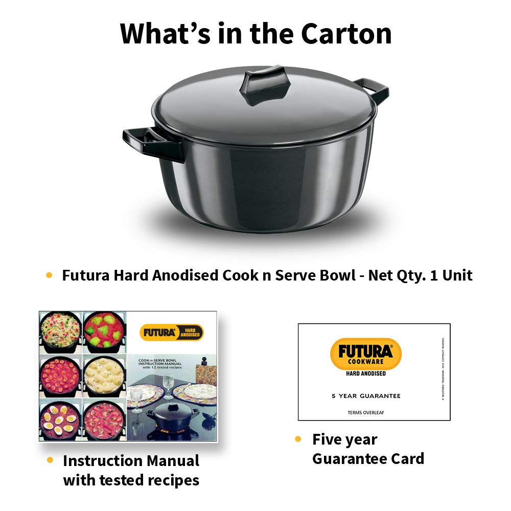 Hawkins Futura 6 Litre Cook n Serve Bowl, Hard Anodised Saucepan with Hard Anodised Lid, Sauce Pan for Cooking and Serving, Black (ACB60)