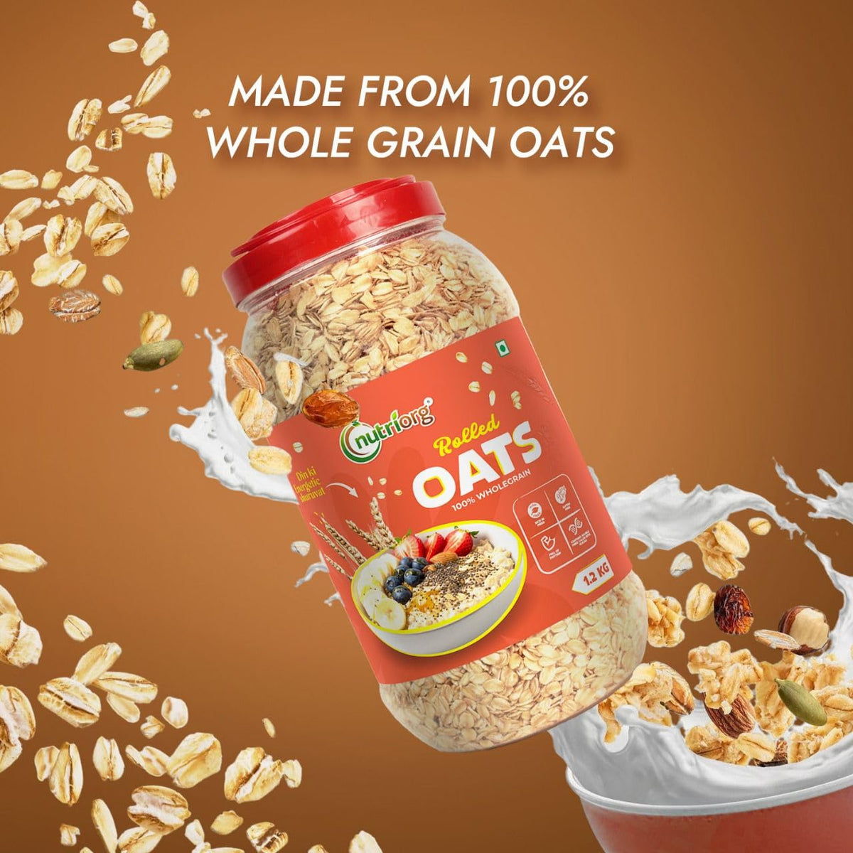 Nutriorg Rolled Oats 1.2 Kg | Gluten Free | High protein | Weight loss | Fibre Rich | Easy to Cook | Overnight Oats | Nutritional Breakfast Cereal Oats |...