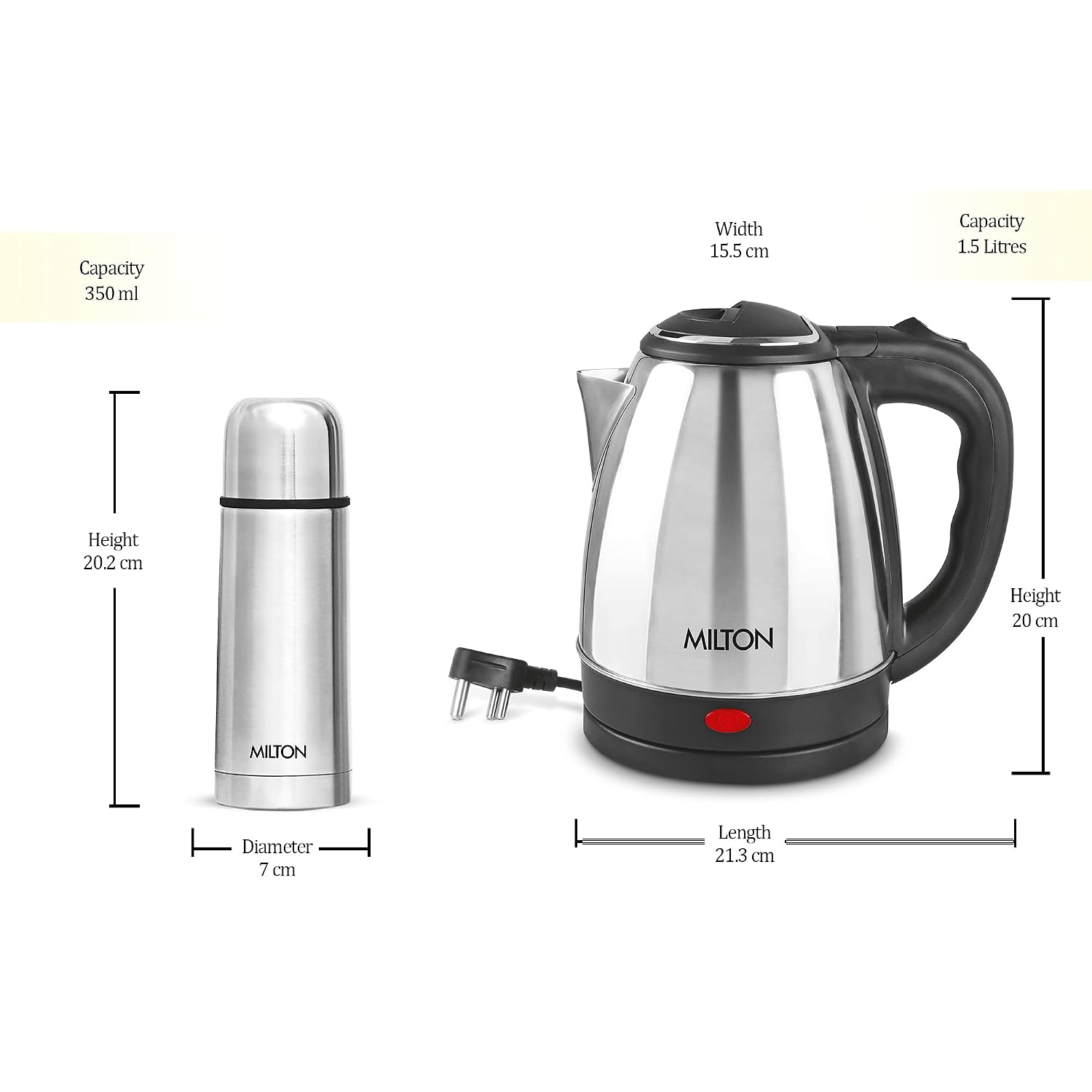 Milton Go Electro Stainless Steel Electric Kettle 1500+Flip Lid 350 Thermosteel Bottle, Super Fast Boiling with 3X Protection Kettle-Overheat, Dry Boil Protection, Leak Proof, Vacuum Insulated, Silver