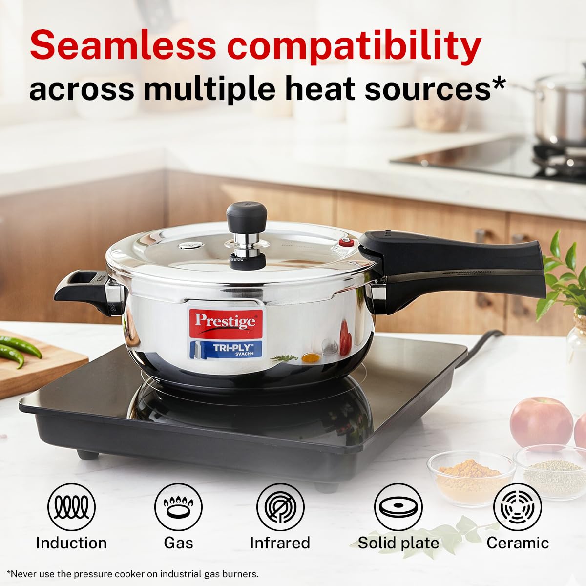 Prestige 3.5 Litre Triply Svachh Outerlid Pressure Cooker|Deep lid for spillage control|Gas & Induction Compatible|Triply body for even heating|Gasket Release System|5 Years warranty|ISI certified