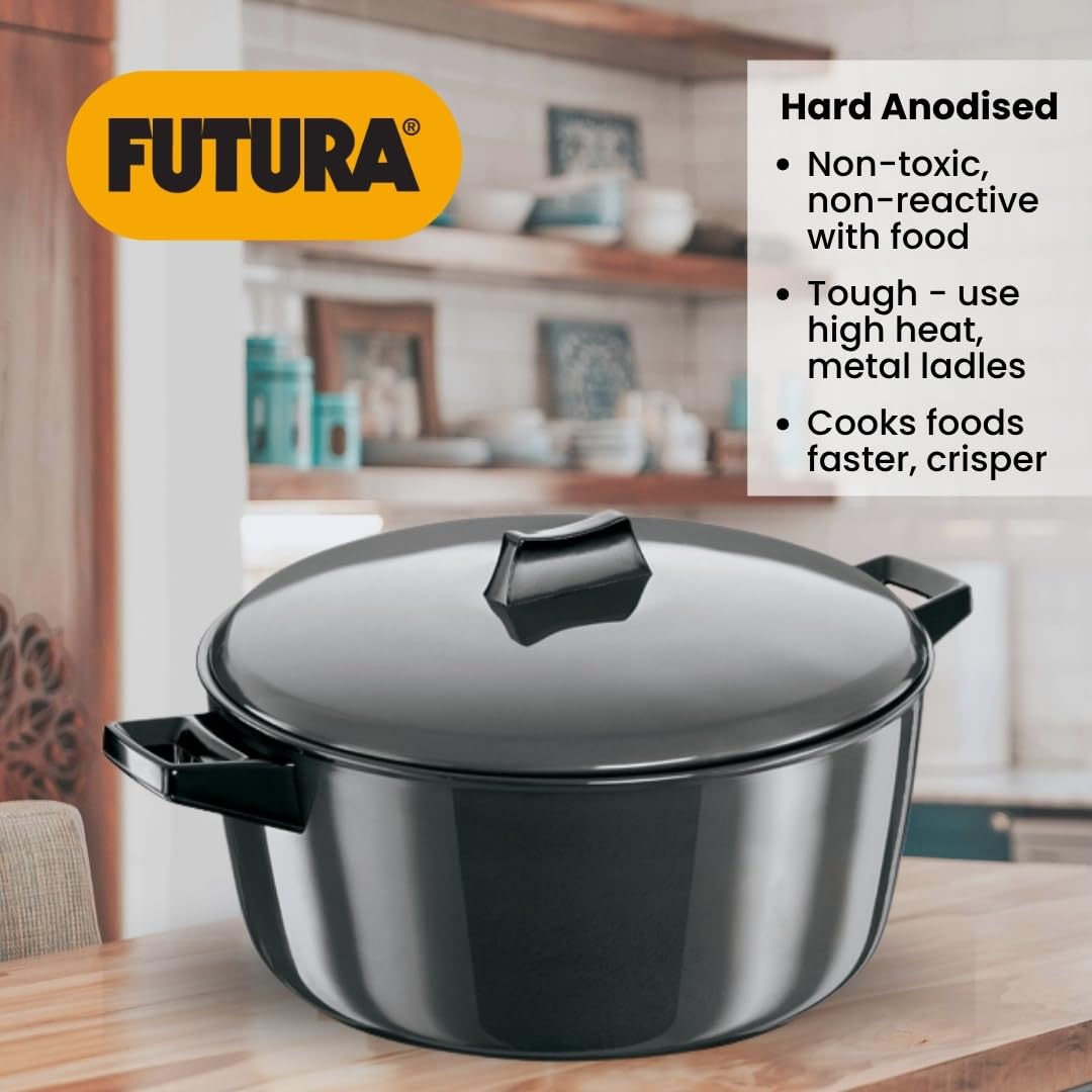 Hawkins Futura 6 Litre Cook n Serve Bowl, Hard Anodised Saucepan with Hard Anodised Lid, Sauce Pan for Cooking and Serving, Black (ACB60)