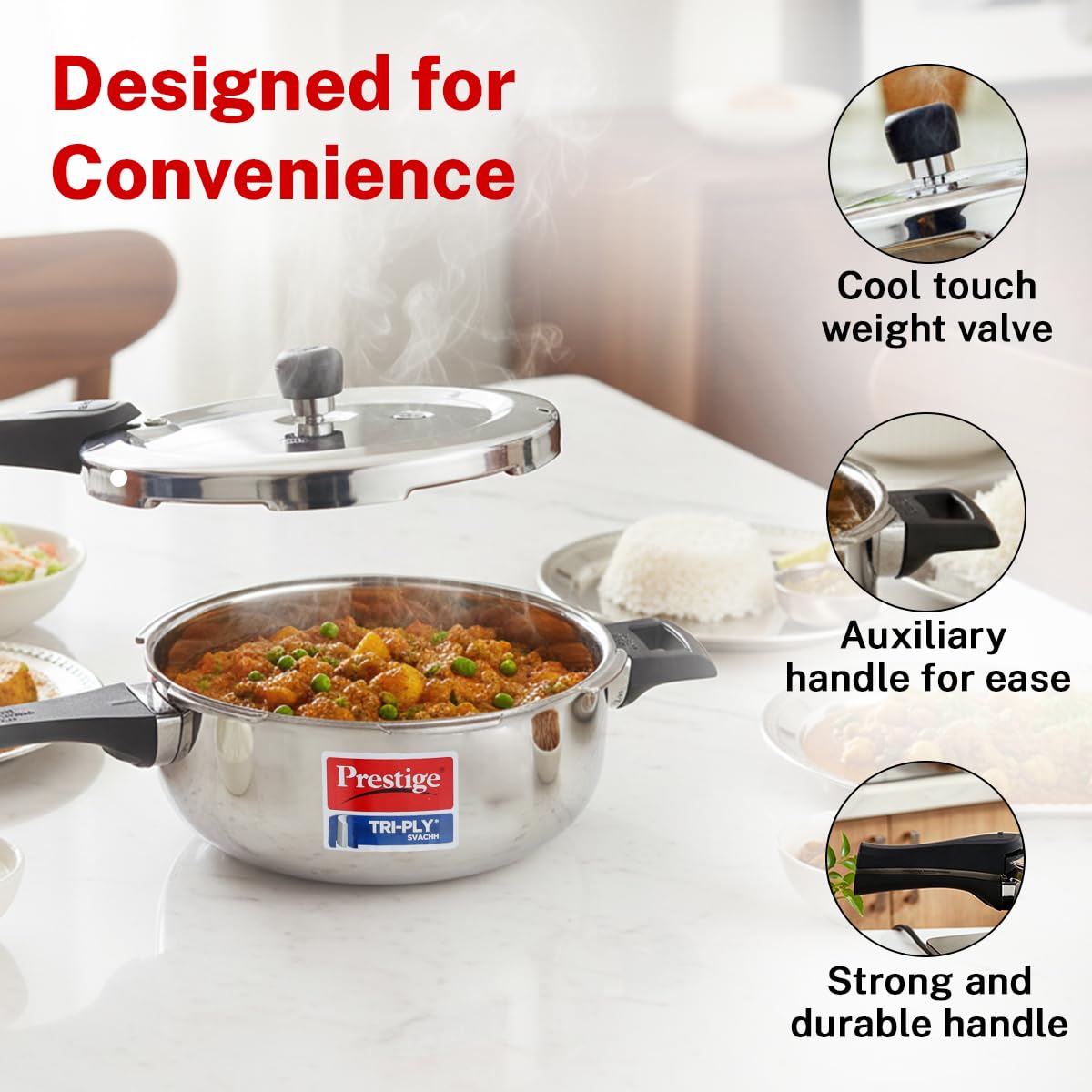 Prestige 3.5 Litre Triply Svachh Outerlid Pressure Cooker|Deep lid for spillage control|Gas & Induction Compatible|Triply body for even heating|Gasket Release System|5 Years warranty|ISI certified
