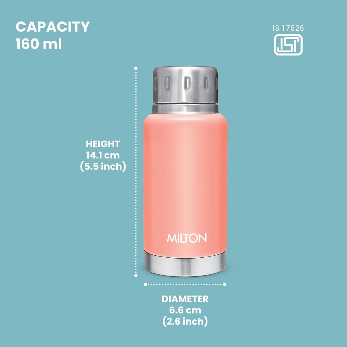 Milton Elfin 160 Thermosteel Water Bottle 160 ml, 24 Hr Hot and Cold I Leak Proof Lid, ISI Certified I Vacuum Insulated I for Office, Gym, School I Peach