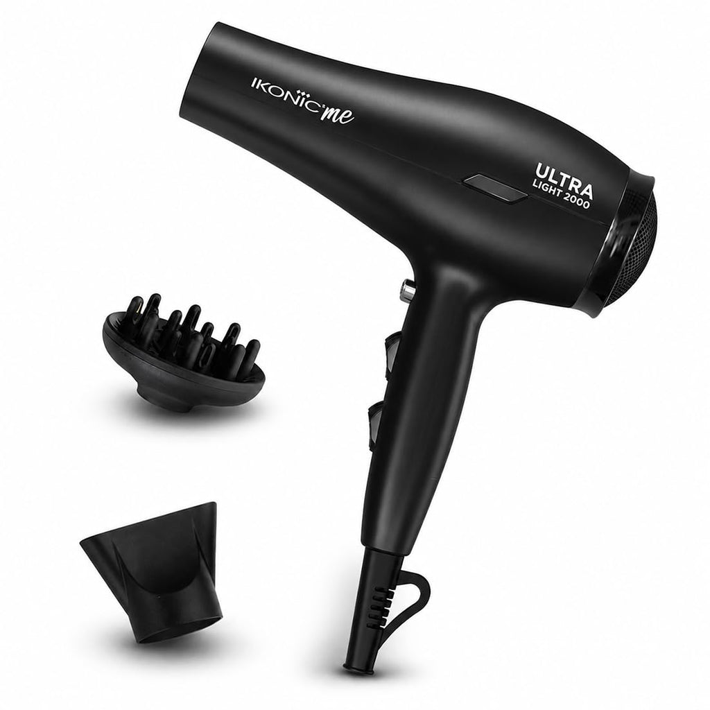 Ikonic Me Ultralight Professional Hair Dryer 2000 Watts With Nozzle, Diffuser, Hot And Cold Air Feauture, 2 Speed 3 Heat Settings With Cool Shot, Hanging Loop, For Both Men And Women, Suitable For All Hair Types, 1 Yr Warranty Black