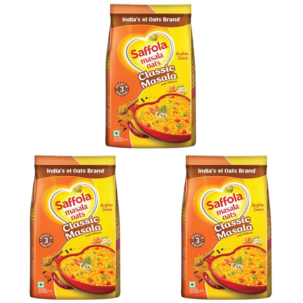 Saffola Masala Oats| 1kg | Classic Masala | Tasty, Anytime Snack | Ready in 3 mins | Millets Goodness- with Bajra & Jowar | No maida, No added preservatives | helps manage weight (Pack of 3)