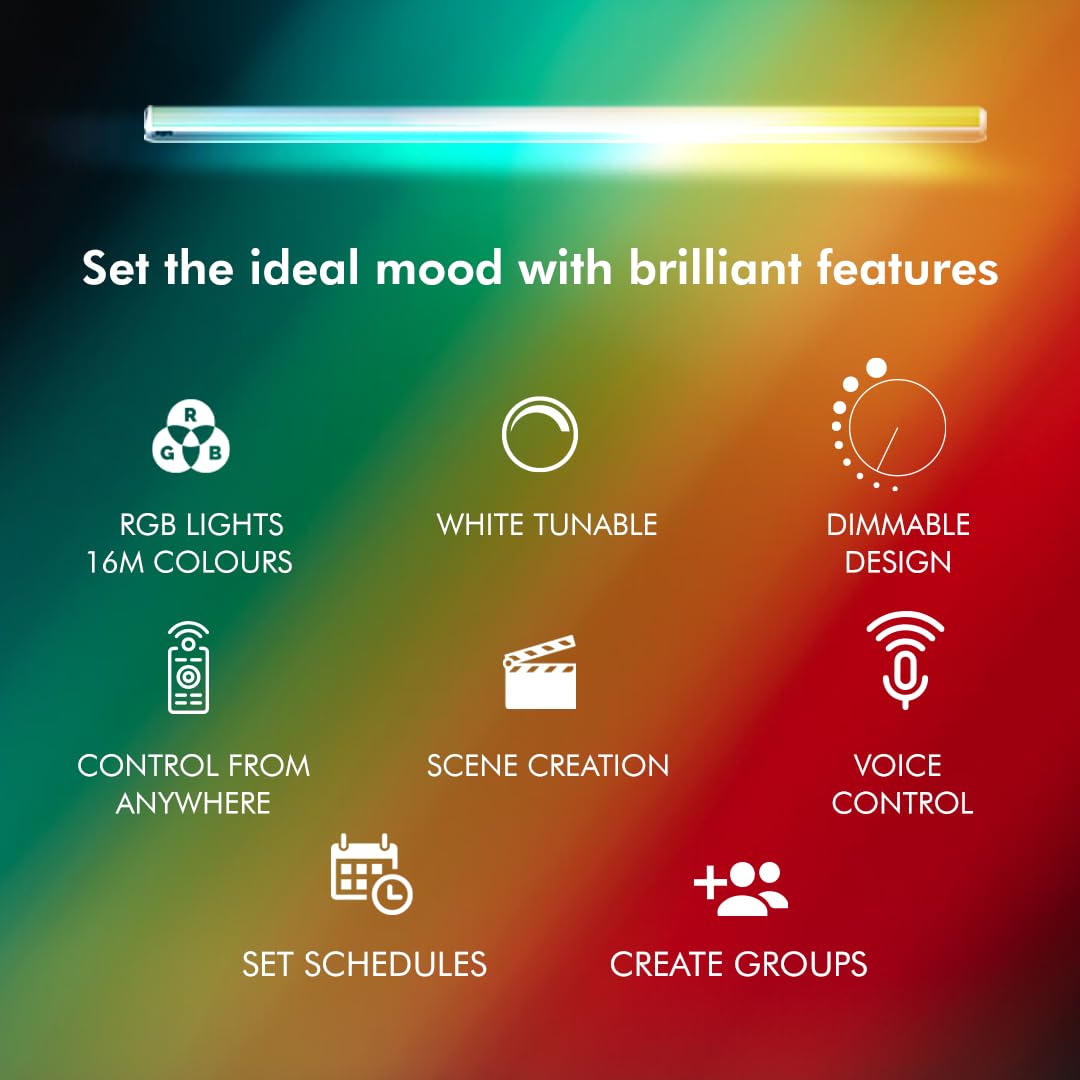 wipro Next Smart Wi-Fi 20W CCT+RGB LED Batten | 16 Million Colours | White Tunable | Dimmable |Scheduling |Scene Creation |Smart Grouping of Lights |Amazon Alexa & Google Asst. Compatible |Pack of 1