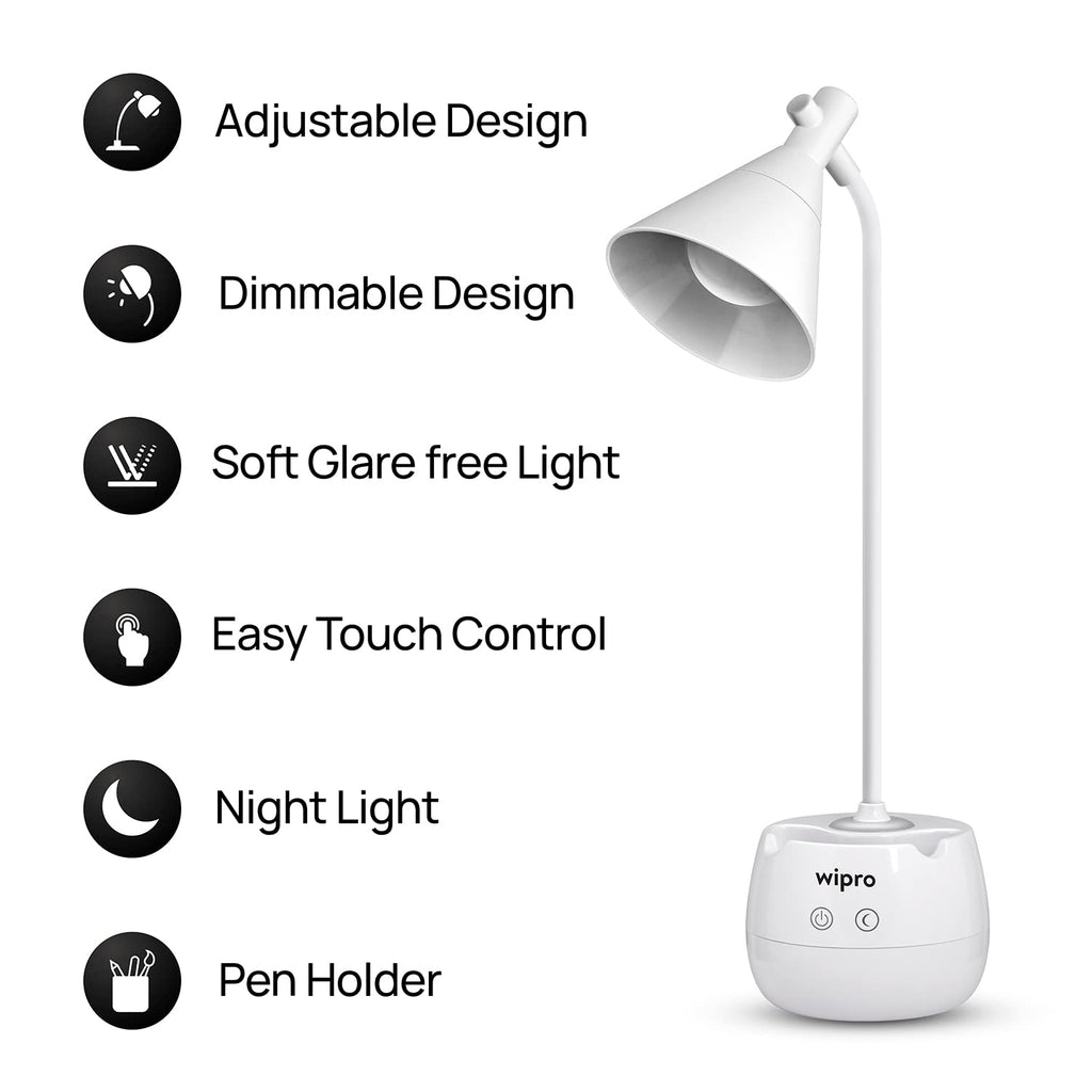 wipro Orion 6w Rechargeable LED Table Lamp- 3 Grade Dimming and Night Light (E20002)
