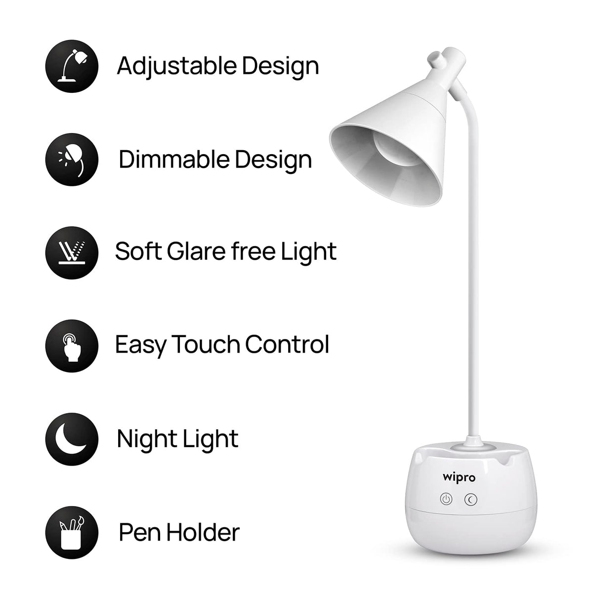 wipro Orion 6w Rechargeable LED Table Lamp- 3 Grade Dimming and Night Light (E20002)