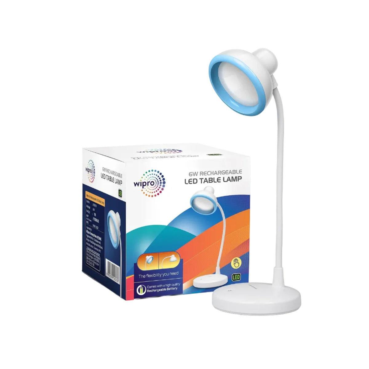 wipro Re-Chargeable LED Table Lamp, Round and Flexible Design with 3 Grade Dimming, 6W Desk Lamp for Study with Adjustable Neck, White, ABS, Pack of 1