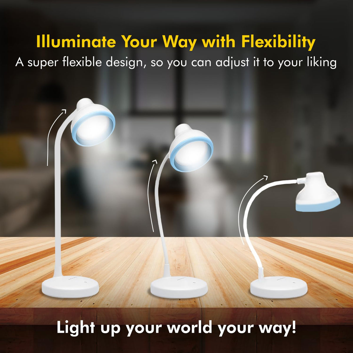 wipro Re-Chargeable LED Table Lamp, Round and Flexible Design with 3 Grade Dimming, 6W Desk Lamp for Study with Adjustable Neck, White, ABS, Pack of 1