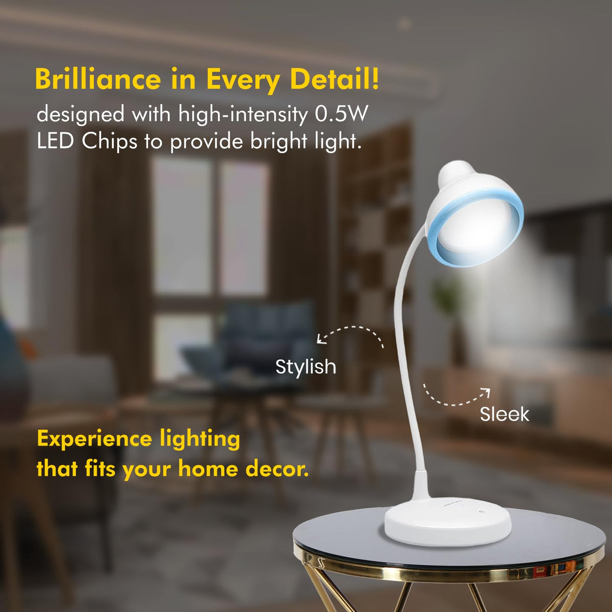 wipro Re-Chargeable LED Table Lamp, Round and Flexible Design with 3 Grade Dimming, 6W Desk Lamp for Study with Adjustable Neck, White, ABS, Pack of 1