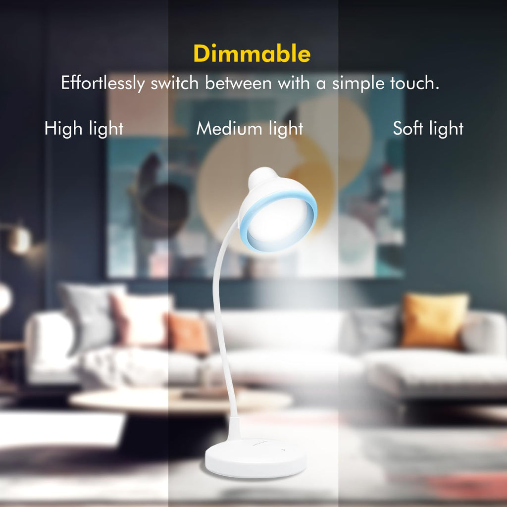 wipro Re-Chargeable LED Table Lamp, Round and Flexible Design with 3 Grade Dimming, 6W Desk Lamp for Study with Adjustable Neck, White, ABS, Pack of 1