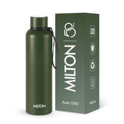 Milton Aura 1000 Thermosteel Water Bottle, 24 Hr Hot and Cold I Leak Proof Lid, ISI Certified I Vacuum Insulated I for Office, Gym, School I Military Green