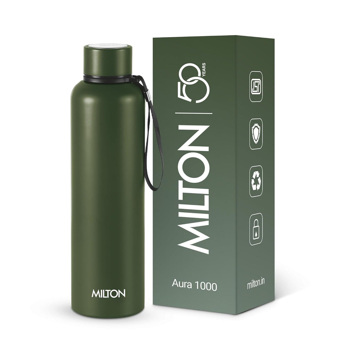 Milton Aura 1000 Thermosteel Water Bottle, 24 Hr Hot and Cold I Leak Proof Lid, ISI Certified I Vacuum Insulated I for Office, Gym, School I Military Green