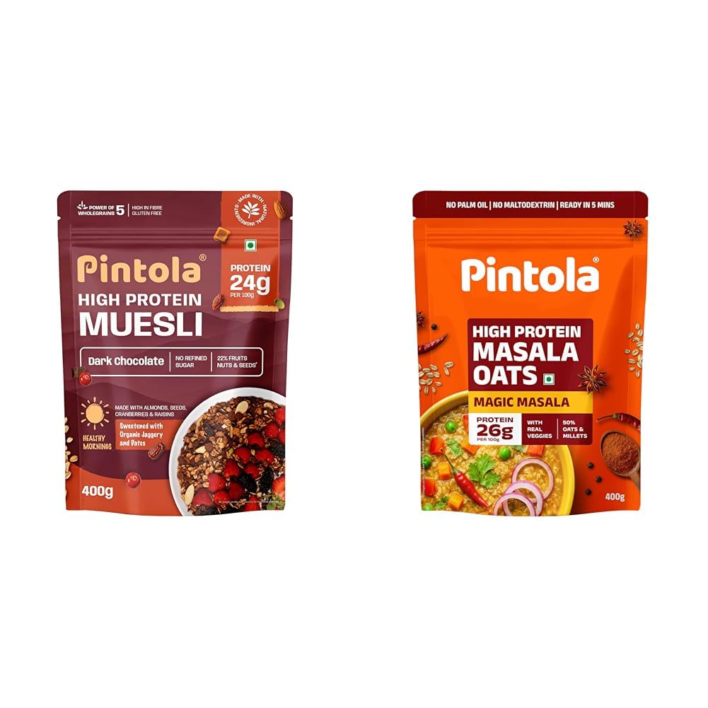 Pintola High Protein Muesli Dark Chocolate & Cranberry 400g, 24g Protein, High Fibre, Trans Fat + Pintola 22g High Protein Masala Oats 400g, Magic Masala, Breakfast Cereal with High Fiber &