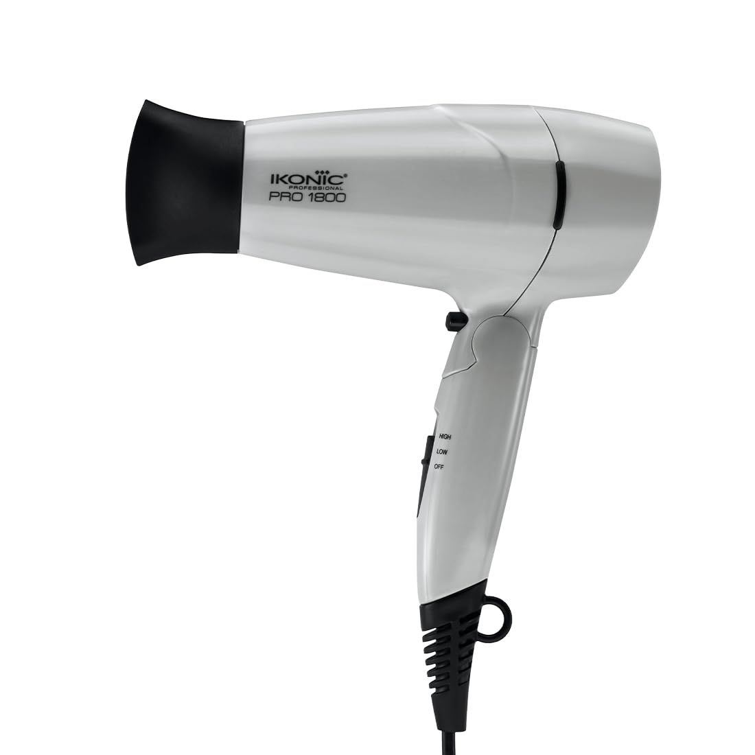 IKONIC 1800 Pro Hair Dryer Grey 2-Speed Temperature Settings with Cool Shot One Nozzle for Concentrated Airflow Spiral Device Cable Folding Design Travel Friendly, 1800Watt All Hair Type