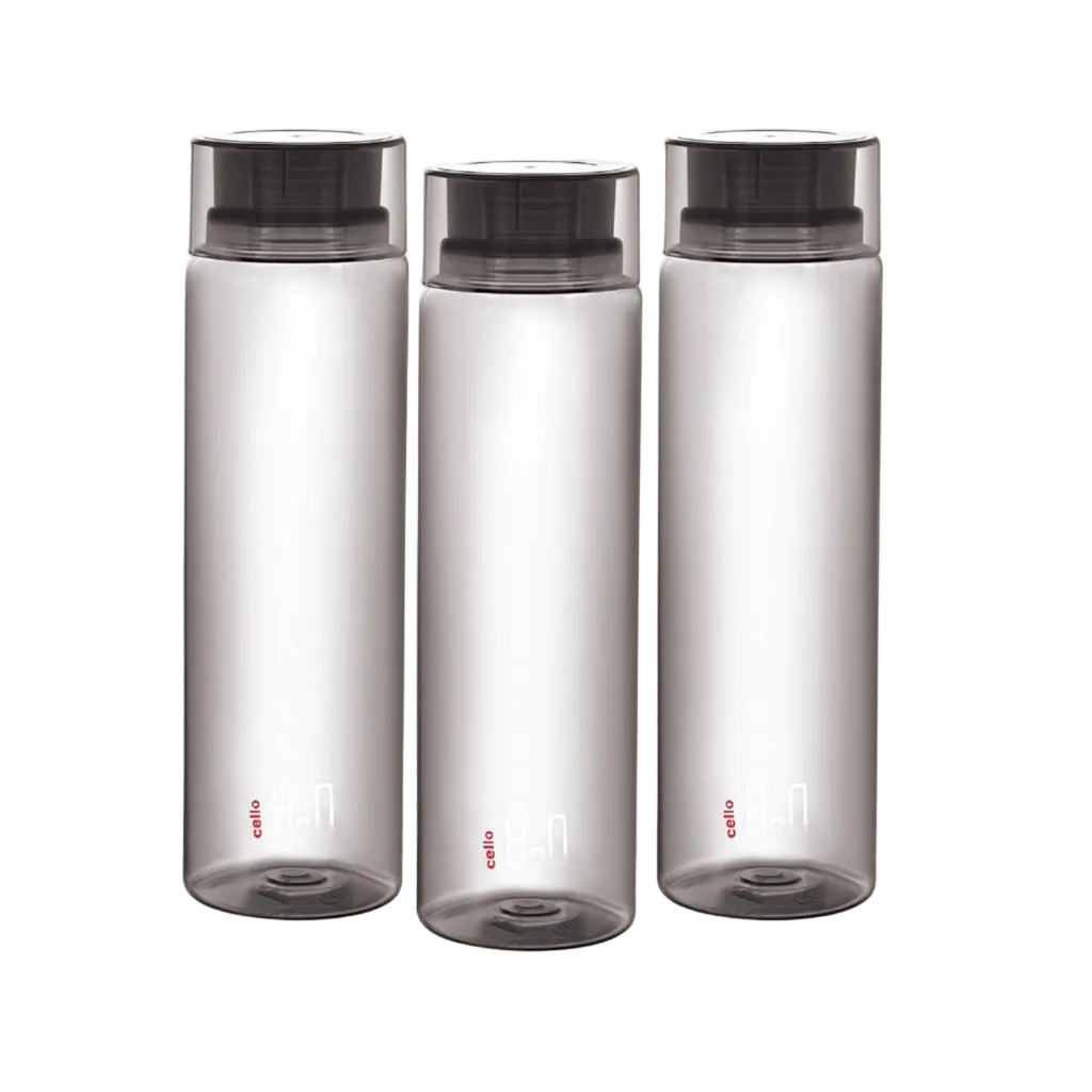 CELLO H2O Round Unbreakable Plastic Water Bottle | Lid is sealed by a silicone ring | Leak proof & break-proof |Best Usage for Office/School/College/Gym/Picnic/Home/Fridge | 1 Liter | Black, Set of 3