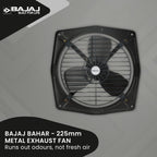 Bajaj Bahar Fresh 225 MM Exhaust Fan | Strong Metal Body And Blades | Noiseless Operations | Rust Proof Body And Blades | 2 Yr Warranty 【Metallic Grey】