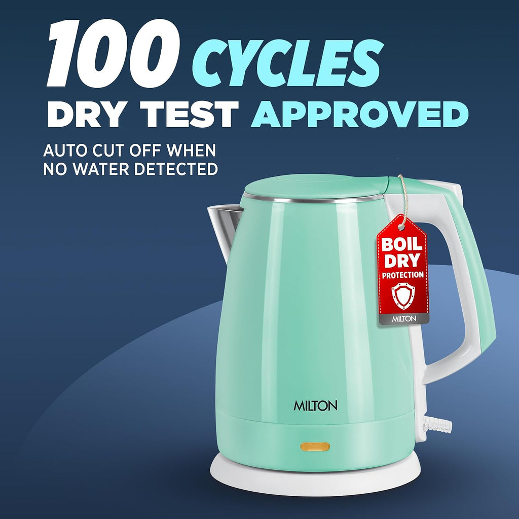 Milton Riga Electric 1.5 Stainless Steel Electric Kettle, 1 Piece, 1.5 Litres | Power Indicator | 1500 Watts | Double Wall Body With Cool-touch Handle I SS304 Steel I 1 Year Warranty | Aqua Green