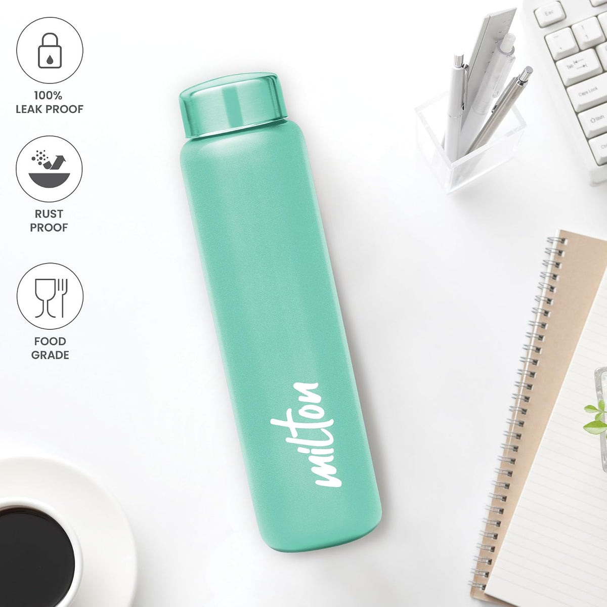 MILTON Aqua 1000 Stainless Steel Water Bottle set of 4, 920 ml each, Single Walled, ISI Certified I Leak Proof Lid, Rust Proof I For School, Office, Gym I Light Green, Purple, Light Pink, Green
