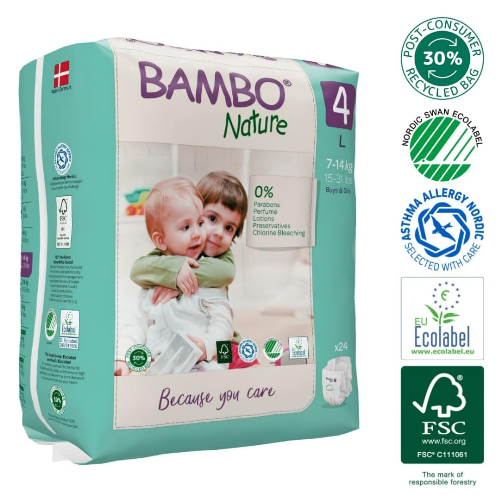 Bambo Nature Premium Baby Tape Diapers for Baby Large Size (7-14 Kgs) Super Absorbent, Breathable, Extra Soft, Dermatologically Tested, Hypoallergenic Toddler Nappies With Wetness Indicator, 144 Count
