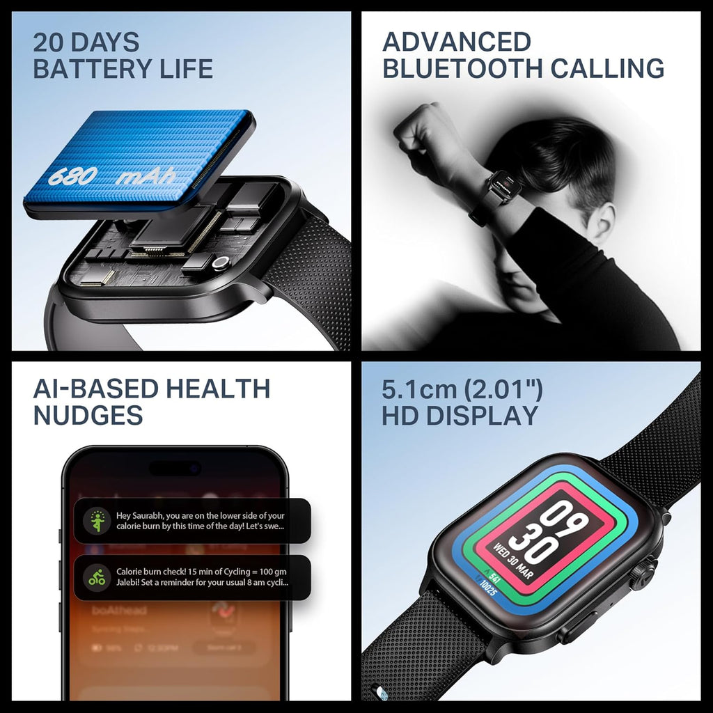 boAt New Launch Storm Infinity Max, 20 Days Maximum Battery, Biggest Battery Capacity Ever! 2.01" (5.1cm) Display, Functional Crown, AI Nudges, BT Calling, Smart Watch for Men & Women (Active Black)