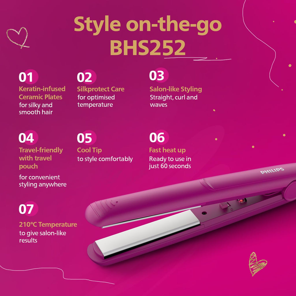 Philips India's No.1 Hair Styling Brand Hair Straightener, Long-Lasting Salon like Results, Frizz Control,Shine, Ceramic Plates Even Heat 200°C, Narrow Plates for Precision, For Indian Hair, BHS252
