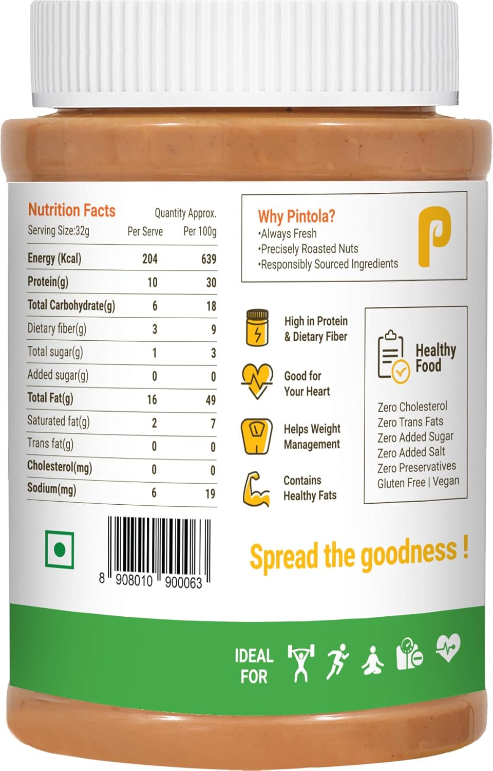 Pintola All Natural Peanut Butter Creamy 1kg | Smooth | Unsweetened | 30g Protein  (Pack of 3)