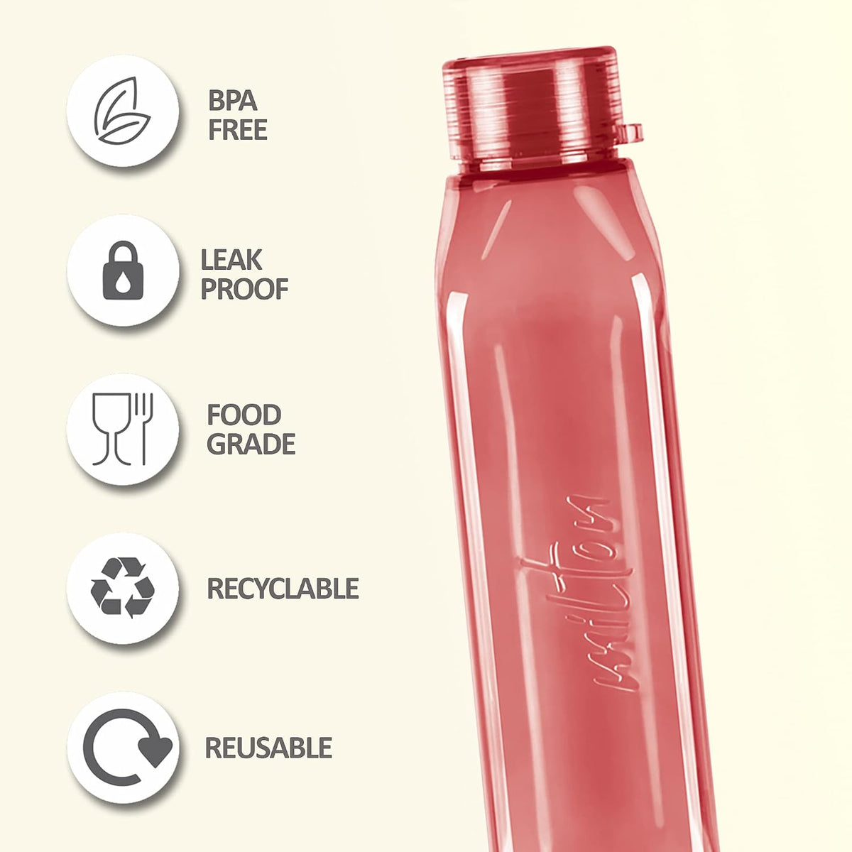 MILTON Prime 1000 Water Bottle, 1 Litre, Reusable Plastic Fridge Bottle, BPA Free and Leak Proof Bottles for Travel, Work, Pack of 1, Burgundy