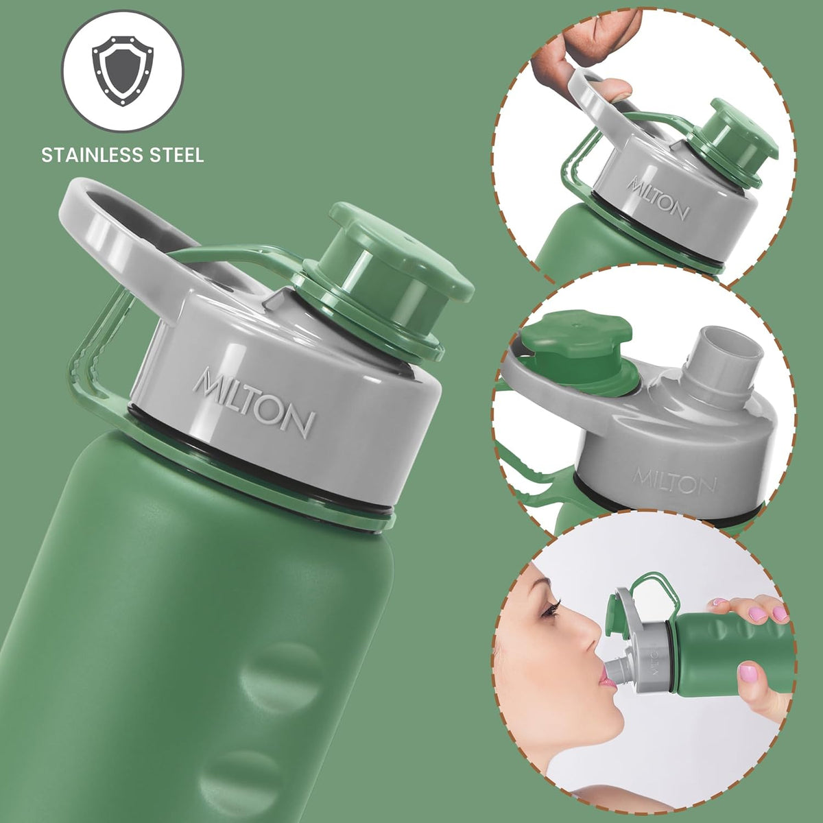 MILTON Gripper 1000 Stainless Steel Water Bottle, 900 ml, Green | Leak Proof | Easy Grip | Light Weight | Easy to Carry