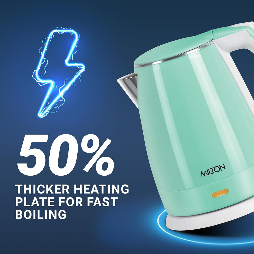 Milton Riga Electric 1.5 Stainless Steel Electric Kettle, 1 Piece, 1.5 Litres | Power Indicator | 1500 Watts | Double Wall Body With Cool-touch Handle I SS304 Steel I 1 Year Warranty | Aqua Green