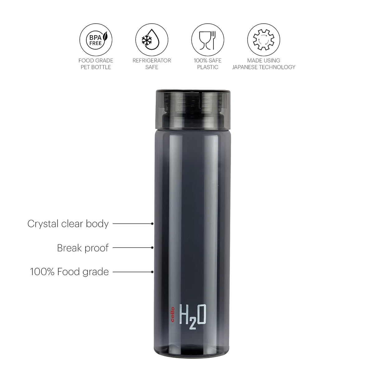 CELLO H2O Round Water Bottle 1000ml, Black | BPA Free, Unbreakable & Reusable PET Bottle | Leakproof Silicone Lid Fridge Set of Water Bottle For Kitchen, Office, School, College, Travel & Gifting