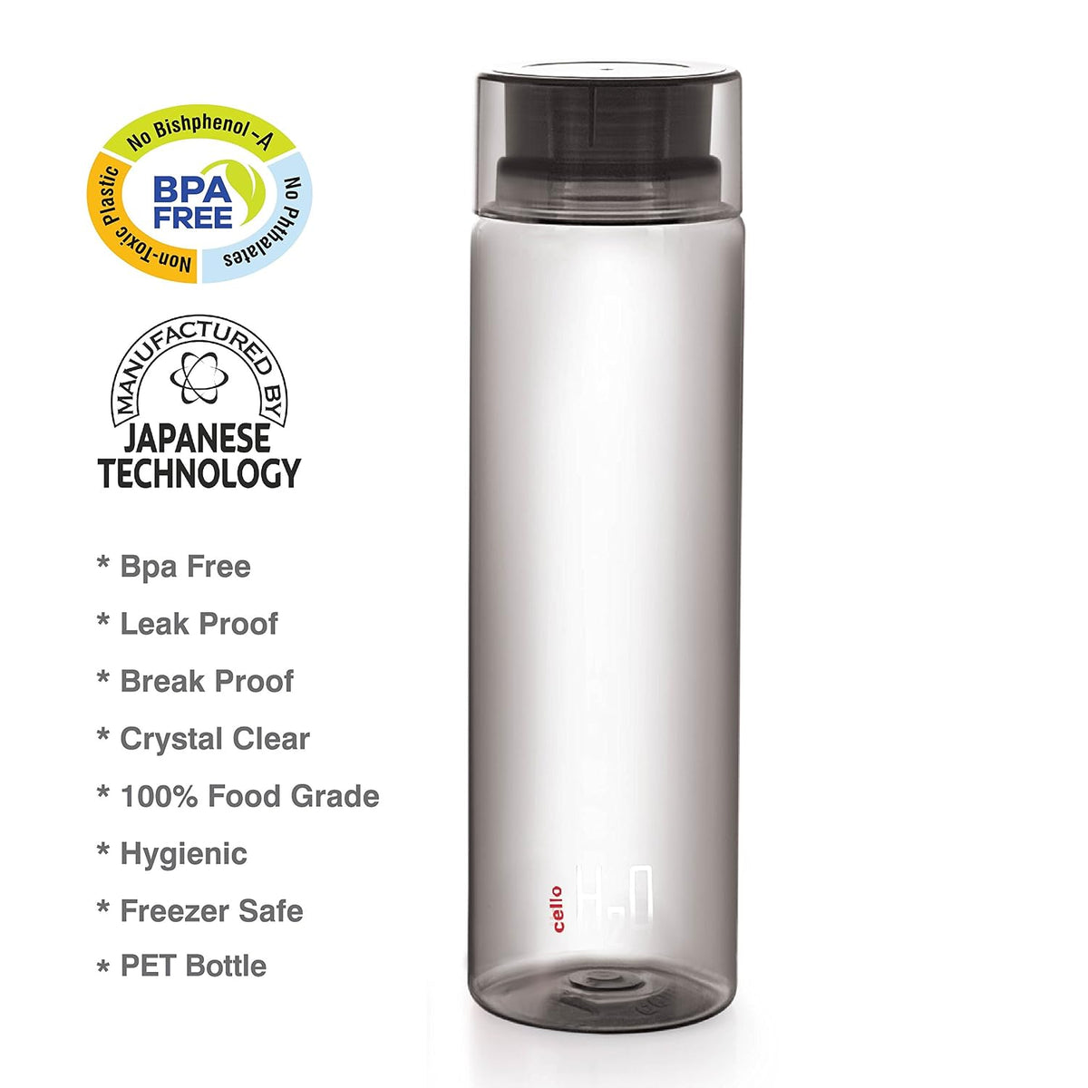 CELLO H2O Round Unbreakable Plastic Water Bottle | Lid is sealed by a silicone ring | Leak proof & break-proof |Best Usage for Office/School/College/Gym/Picnic/Home/Fridge | 1 Liter | Black, Set of 3