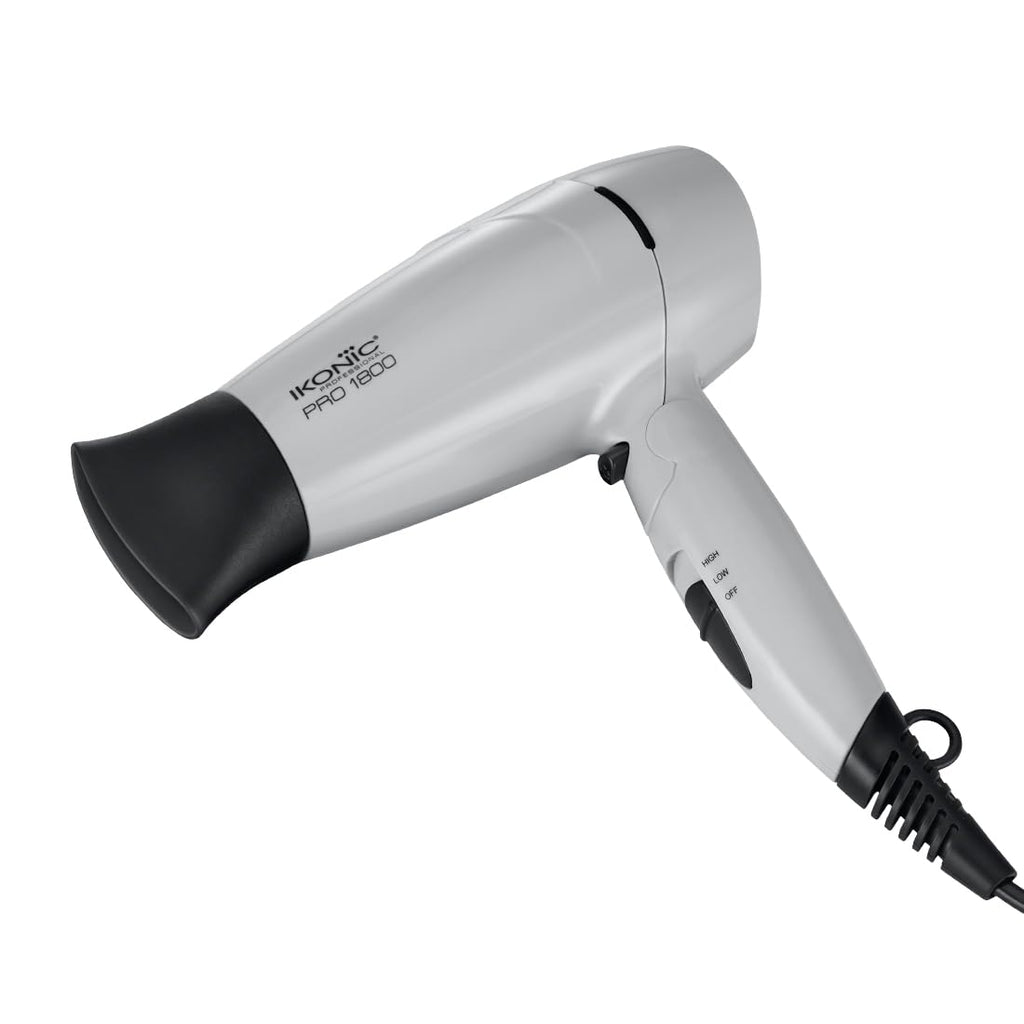 IKONIC 1800 Pro Hair Dryer Grey 2-Speed Temperature Settings with Cool Shot One Nozzle for Concentrated Airflow Spiral Device Cable Folding Design Travel Friendly, 1800Watt All Hair Type