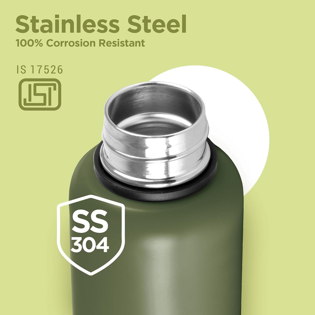 Milton Aura 1000 Thermosteel Water Bottle, 24 Hr Hot and Cold I Leak Proof Lid, ISI Certified I Vacuum Insulated I for Office, Gym, School I Military Green