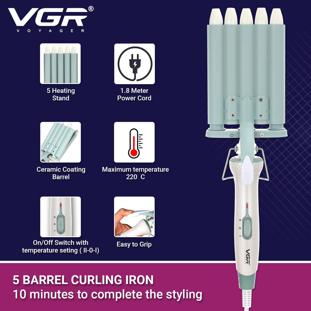 VGR V-597 Professional Electric Hair Curler | Stylish Hair Styling 5 Barrel Professional Hair Curler with 220° C Max Heat Setting