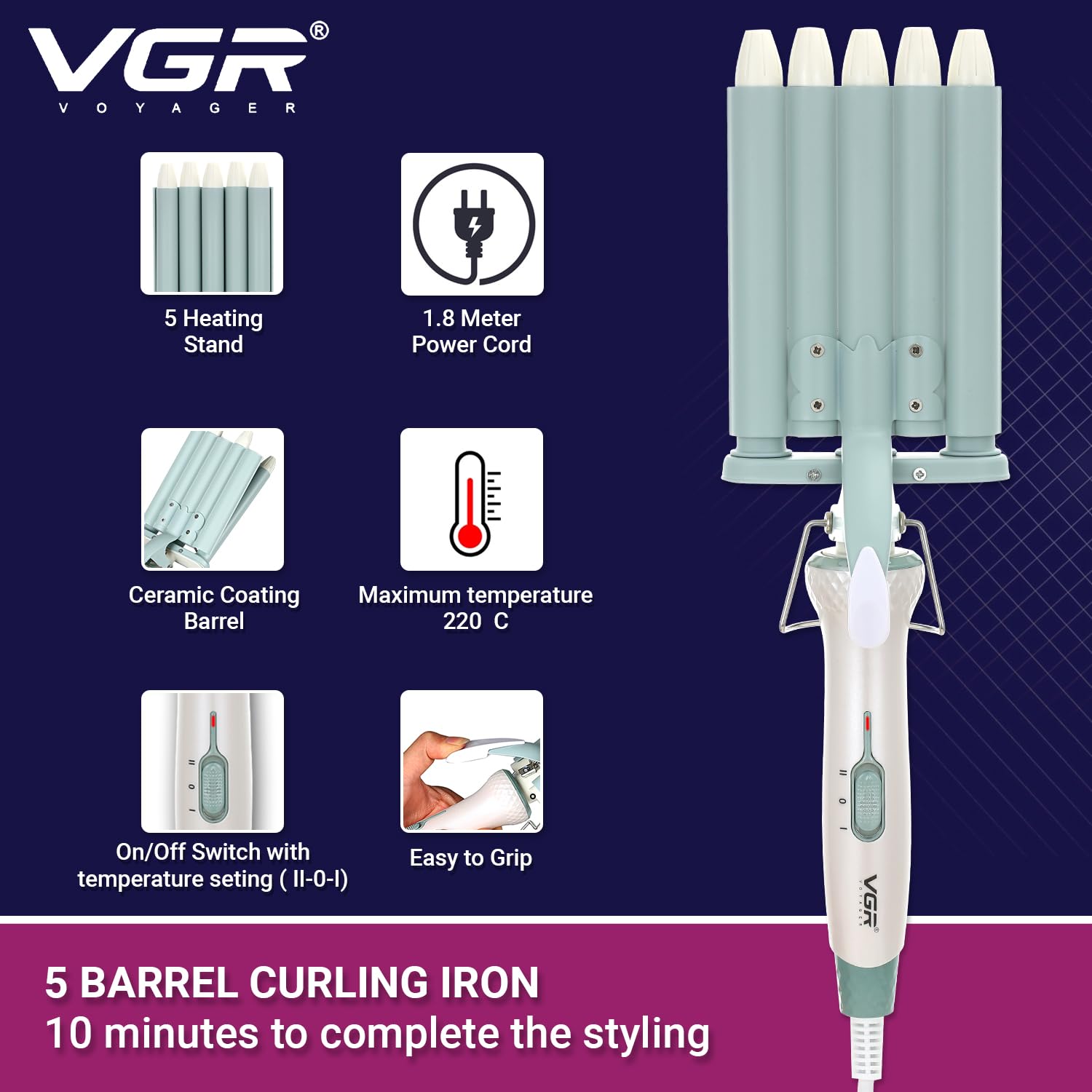 VGR V-597 Professional Electric Hair Curler | Stylish Hair Styling 5 Barrel Professional Hair Curler with 220° C Max Heat Setting