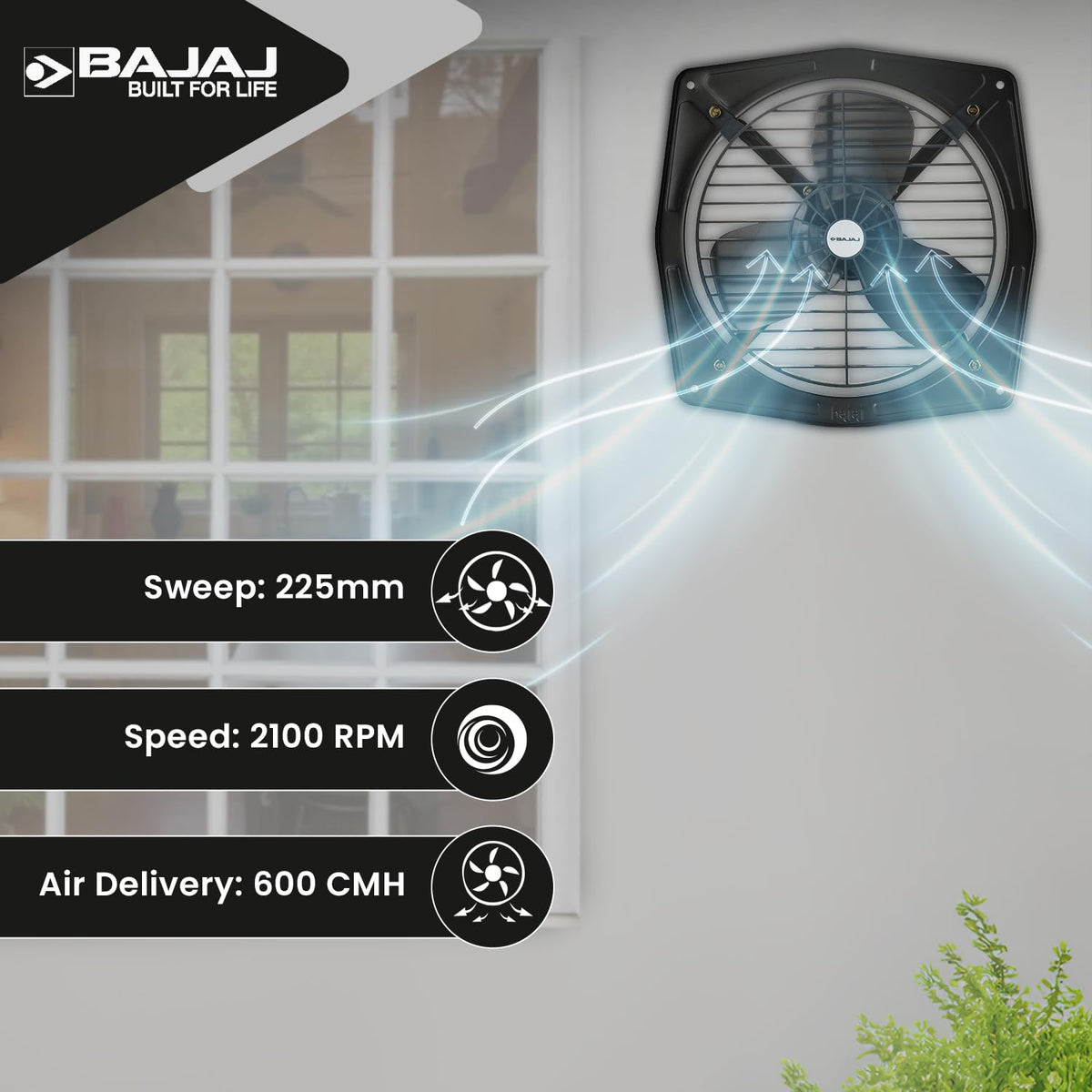 Bajaj Bahar Fresh 225 MM Exhaust Fan | Strong Metal Body And Blades | Noiseless Operations | Rust Proof Body And Blades | 2 Yr Warranty 【Metallic Grey】
