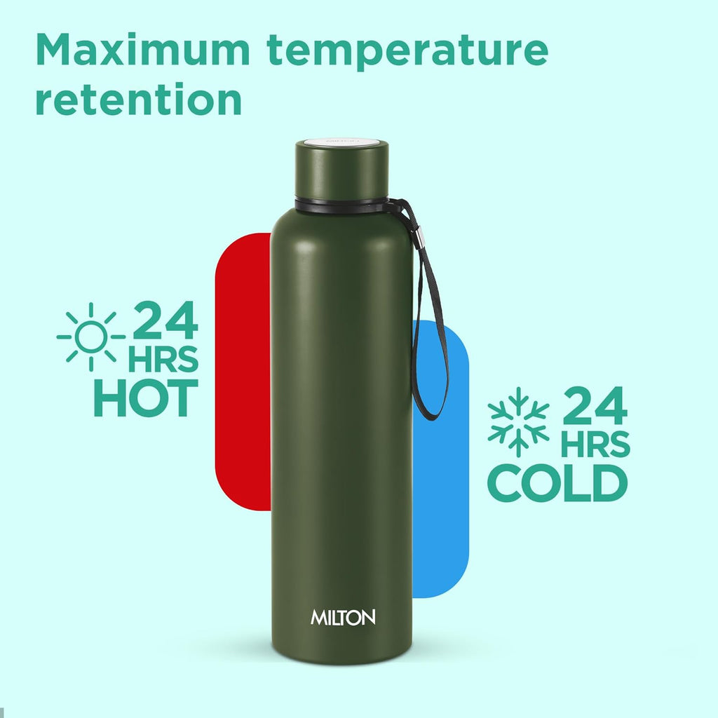 Milton Aura 1000 Thermosteel Water Bottle, 24 Hr Hot and Cold I Leak Proof Lid, ISI Certified I Vacuum Insulated I for Office, Gym, School I Military Green