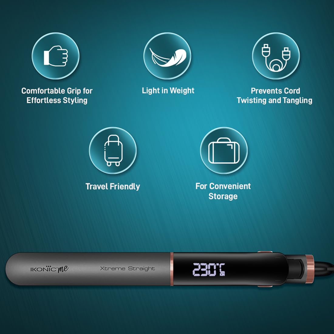 Ikonic Me Xtreme Hair Straightener, Extra-Wide Ceramic Floating Plates, Adjustable Temperature 130°C–230°C, Instant Heat-Up Technology, Smooth, Frizz-Free & Salon Straight Hair Styling, Stone