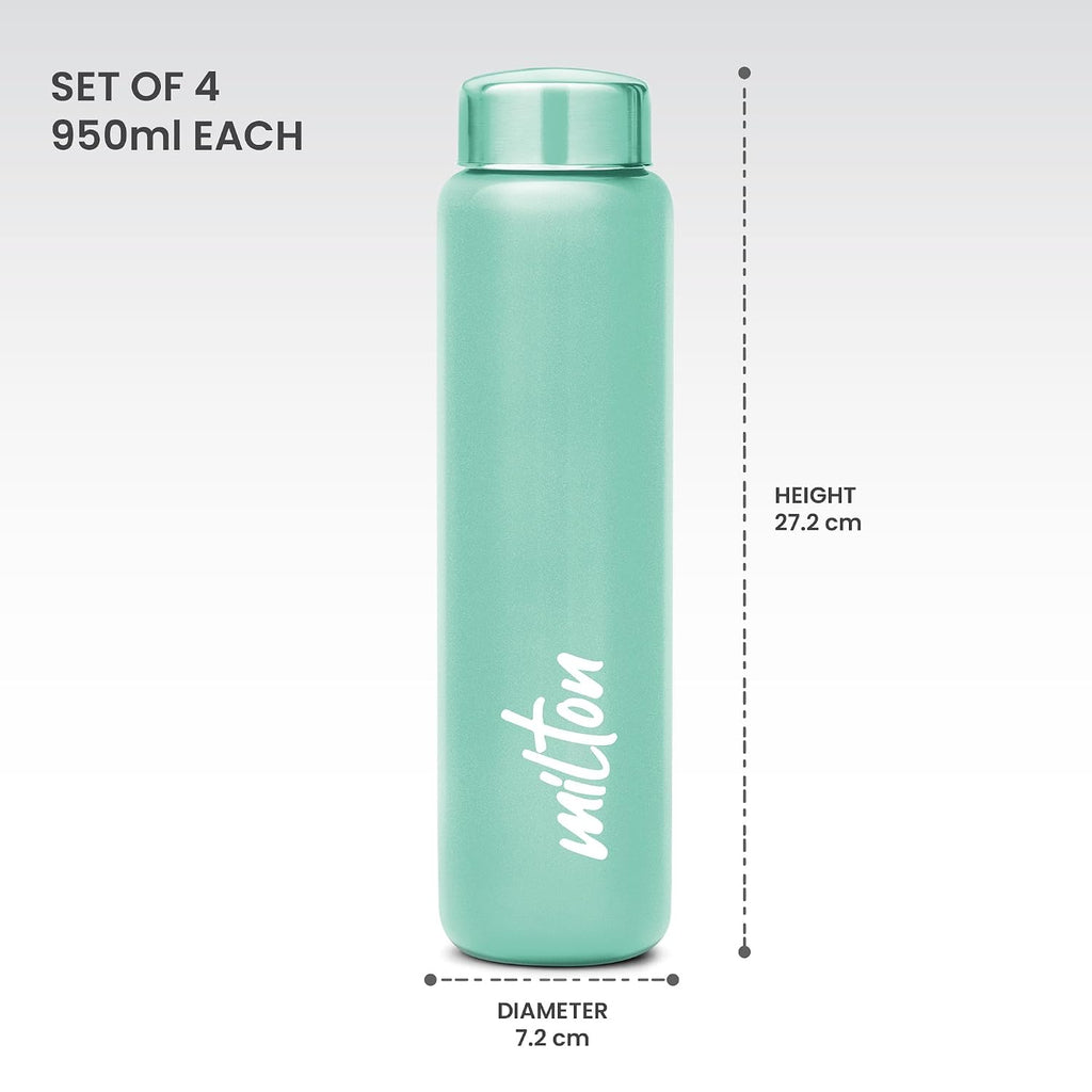 MILTON Aqua 1000 Stainless Steel Water Bottle set of 4, 920 ml each, Single Walled, ISI Certified I Leak Proof Lid, Rust Proof I For School, Office, Gym I Light Green, Purple, Light Pink, Green