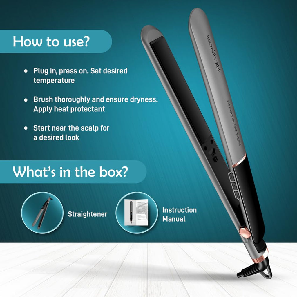 Ikonic Me Xtreme Hair Straightener, Extra-Wide Ceramic Floating Plates, Adjustable Temperature 130°C–230°C, Instant Heat-Up Technology, Smooth, Frizz-Free & Salon Straight Hair Styling, Stone