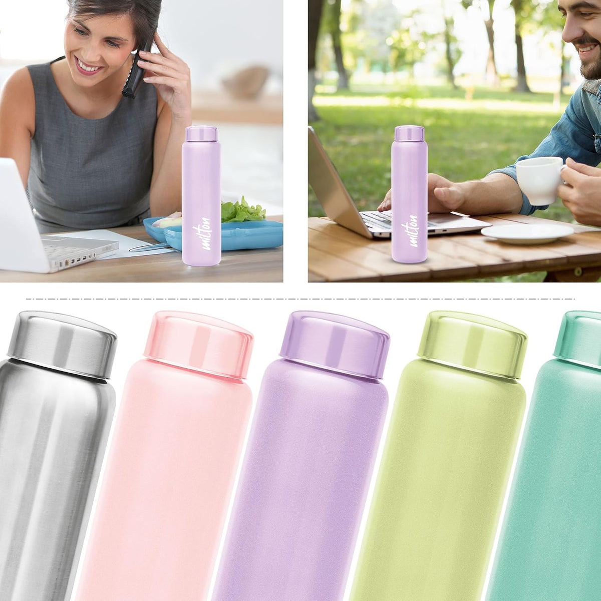 MILTON Aqua 1000 Stainless Steel Water Bottle set of 4, 920 ml each, Single Walled, ISI Certified I Leak Proof Lid, Rust Proof I For School, Office, Gym I Light Green, Purple, Light Pink, Green