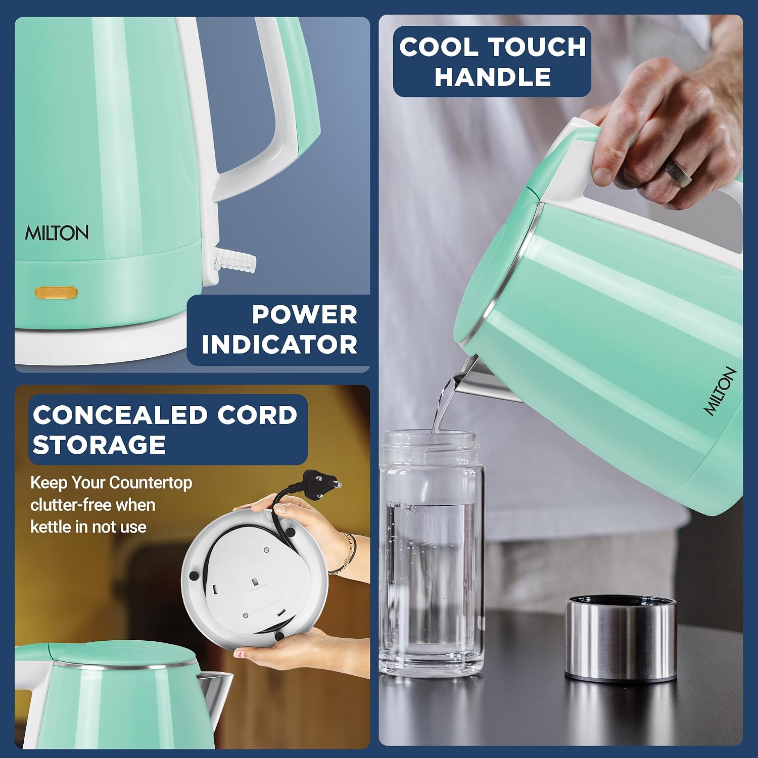 Milton Riga Electric 1.5 Stainless Steel Electric Kettle, 1 Piece, 1.5 Litres | Power Indicator | 1500 Watts | Double Wall Body With Cool-touch Handle I SS304 Steel I 1 Year Warranty | Aqua Green