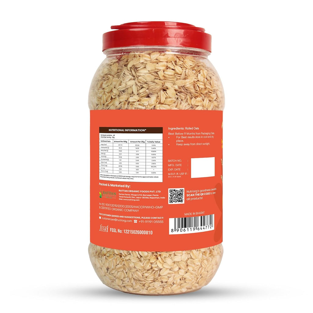 NutriOrg Rolled Oats 2.4 Kg | Gluten Free | High protein & Fibre Rich | Easy to Cook | Nutritional Breakfast Cereal Oats