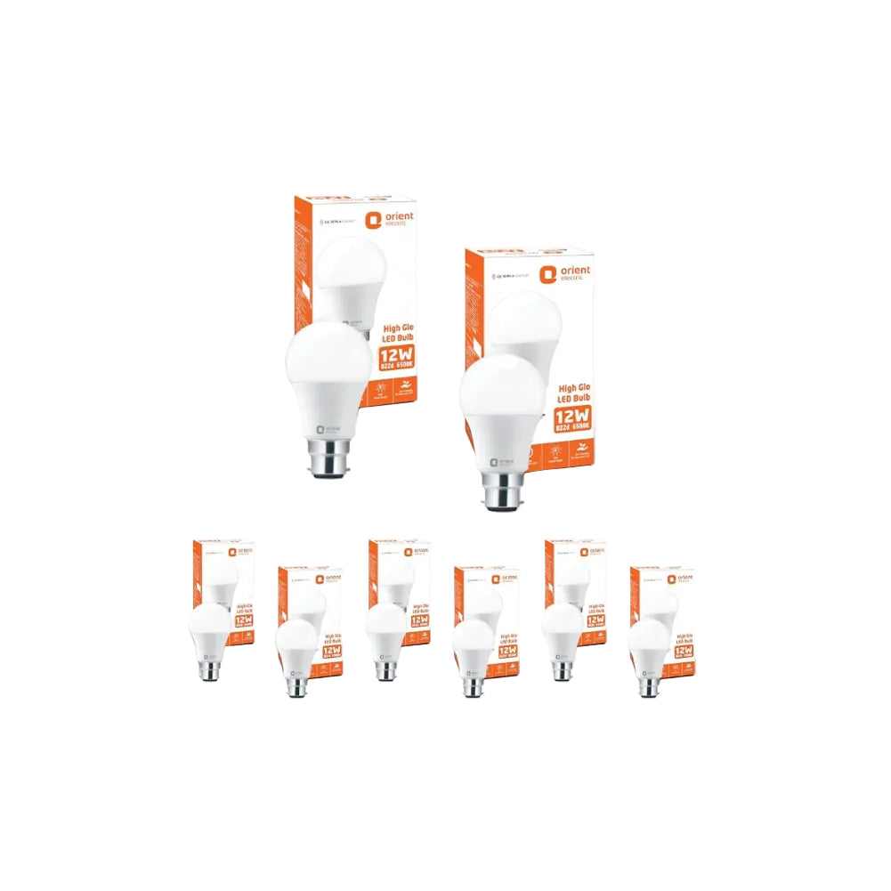 Orient Electric High Glo LED Bulb 12W, cool white light, 6500K, B22d, Pack of 8